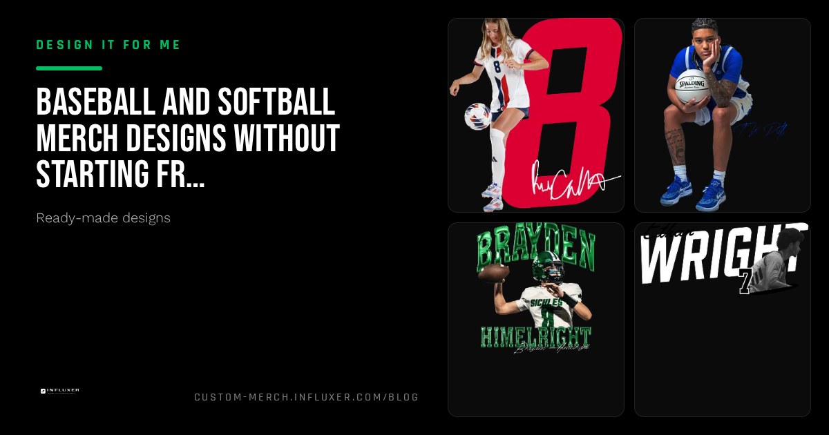 Baseball and softball merch templates shown on garment mockups with team name and number layouts