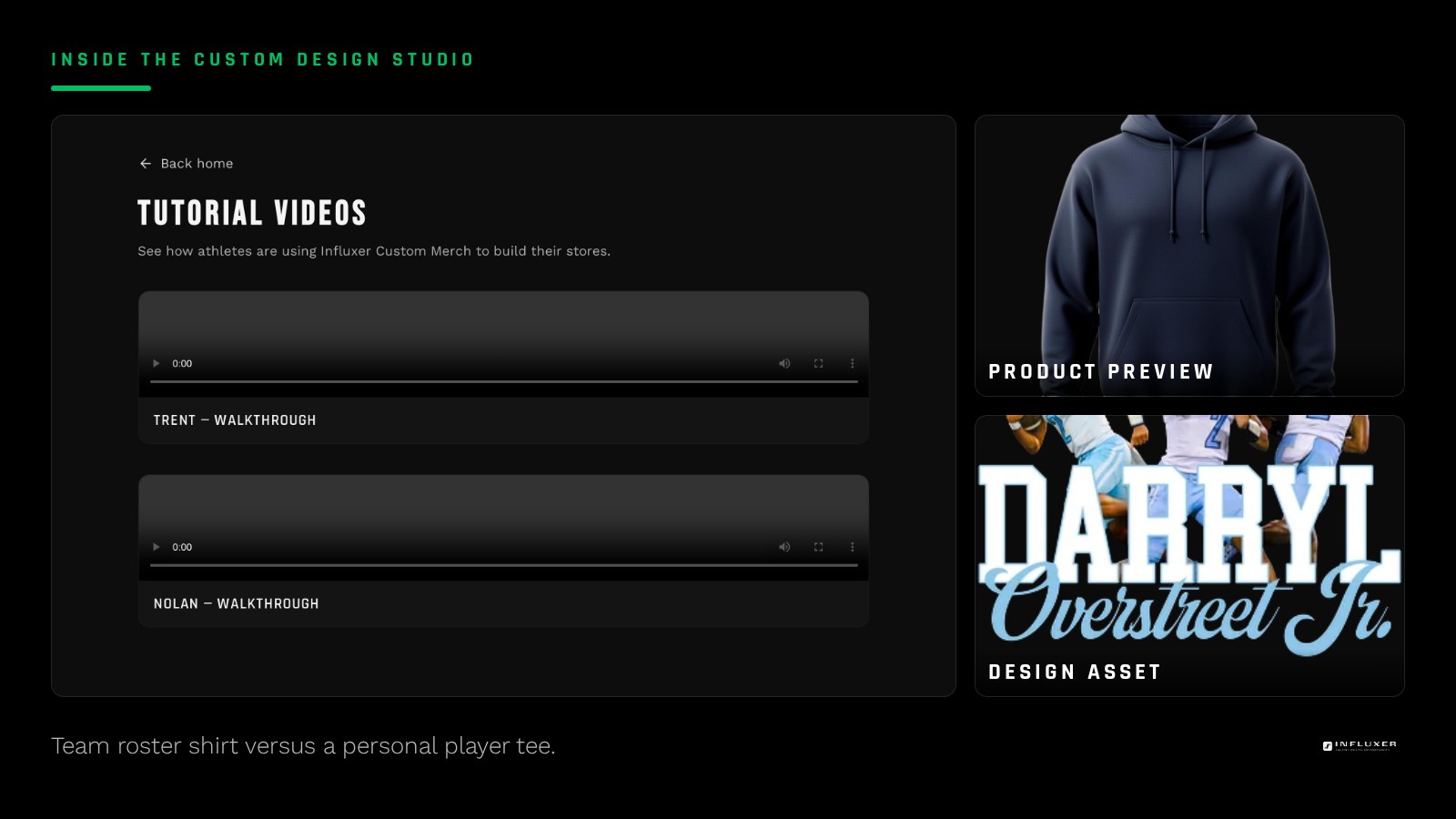 Comparison of a team-name-forward roster shirt layout and a number-forward personal player tee layout