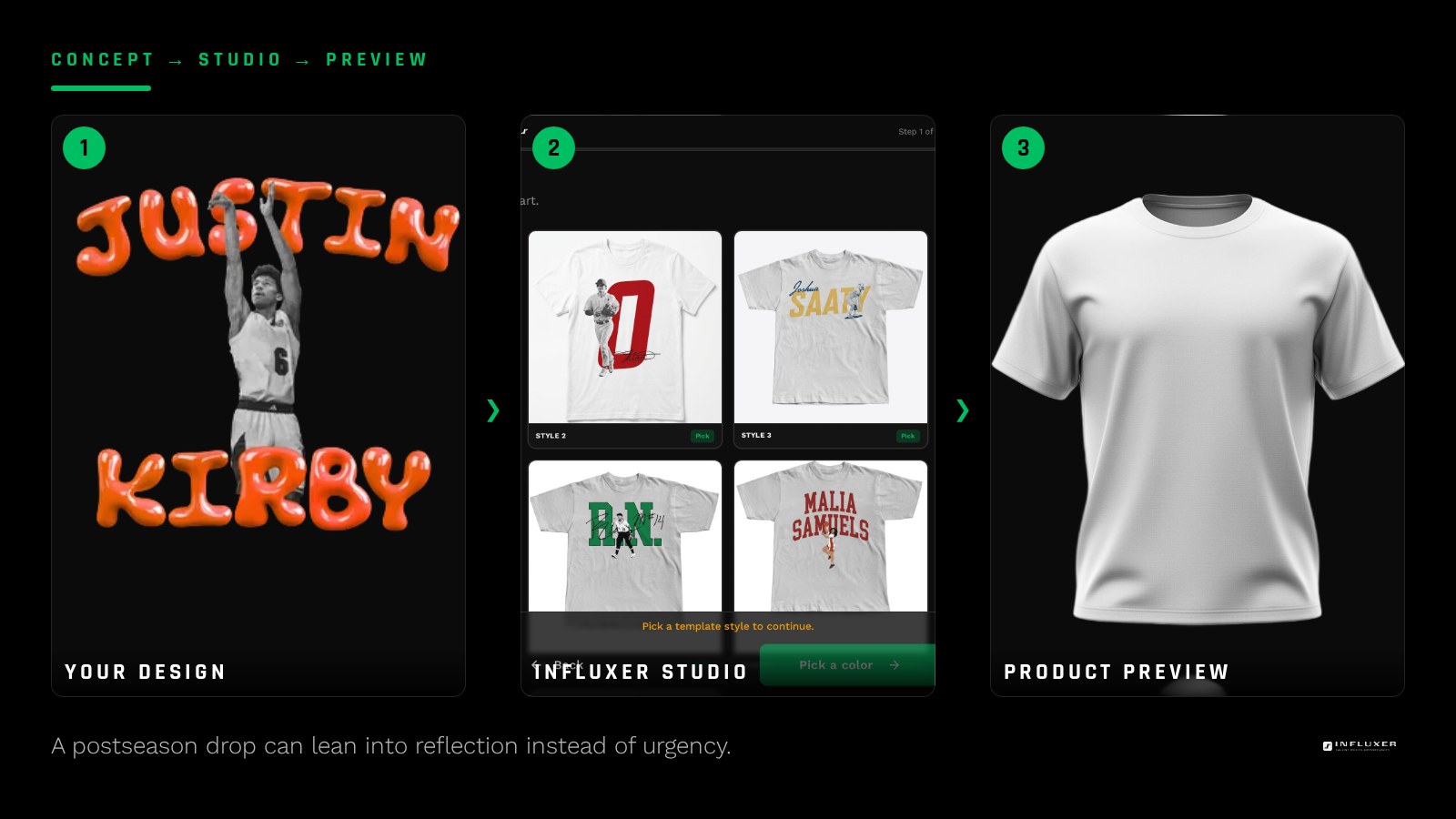 Athlete reflecting on a finished season while reviewing a postseason merch design concept