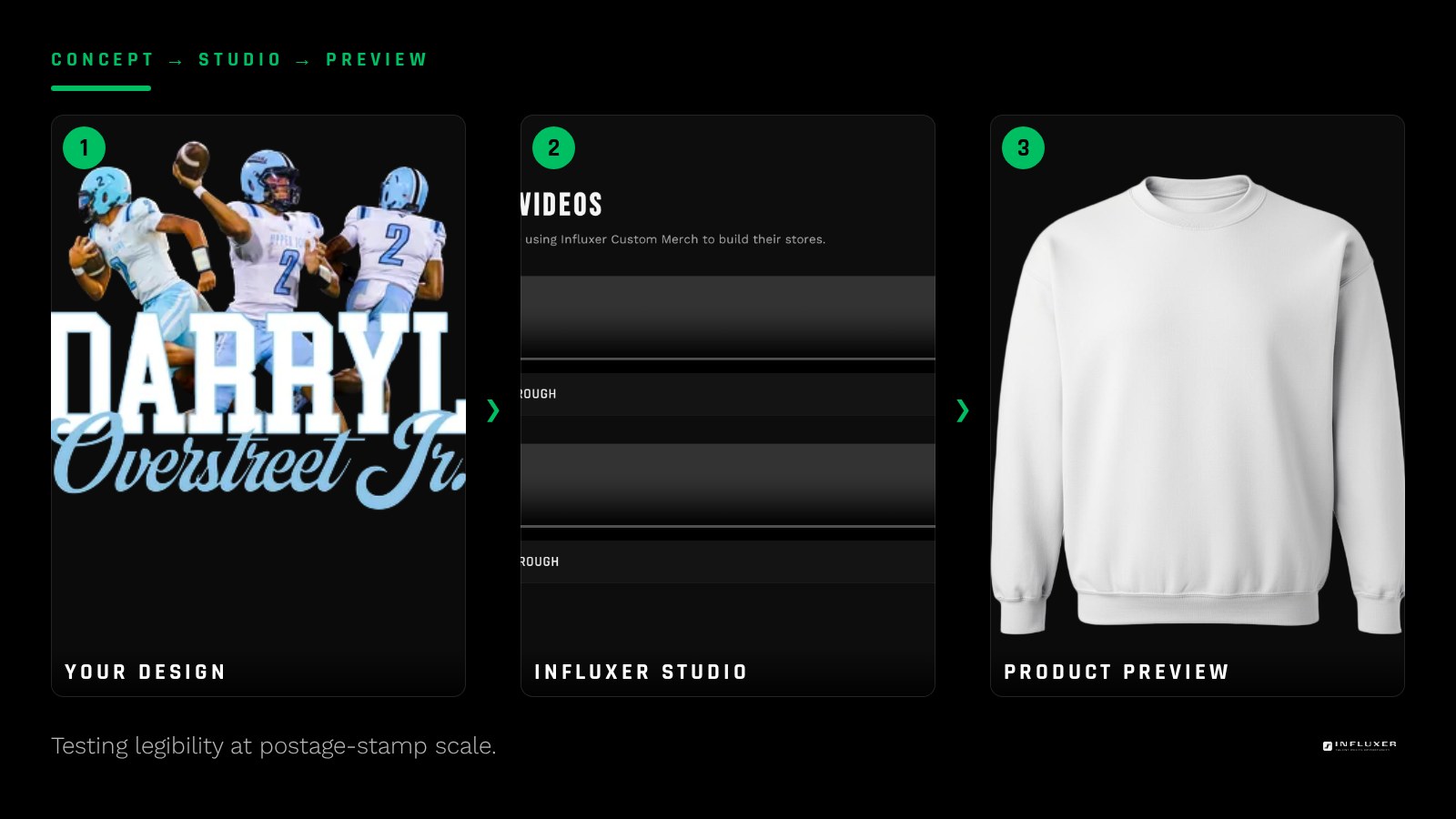 A flat black logo shown at full size next to a shrunken thumbnail version to test legibility