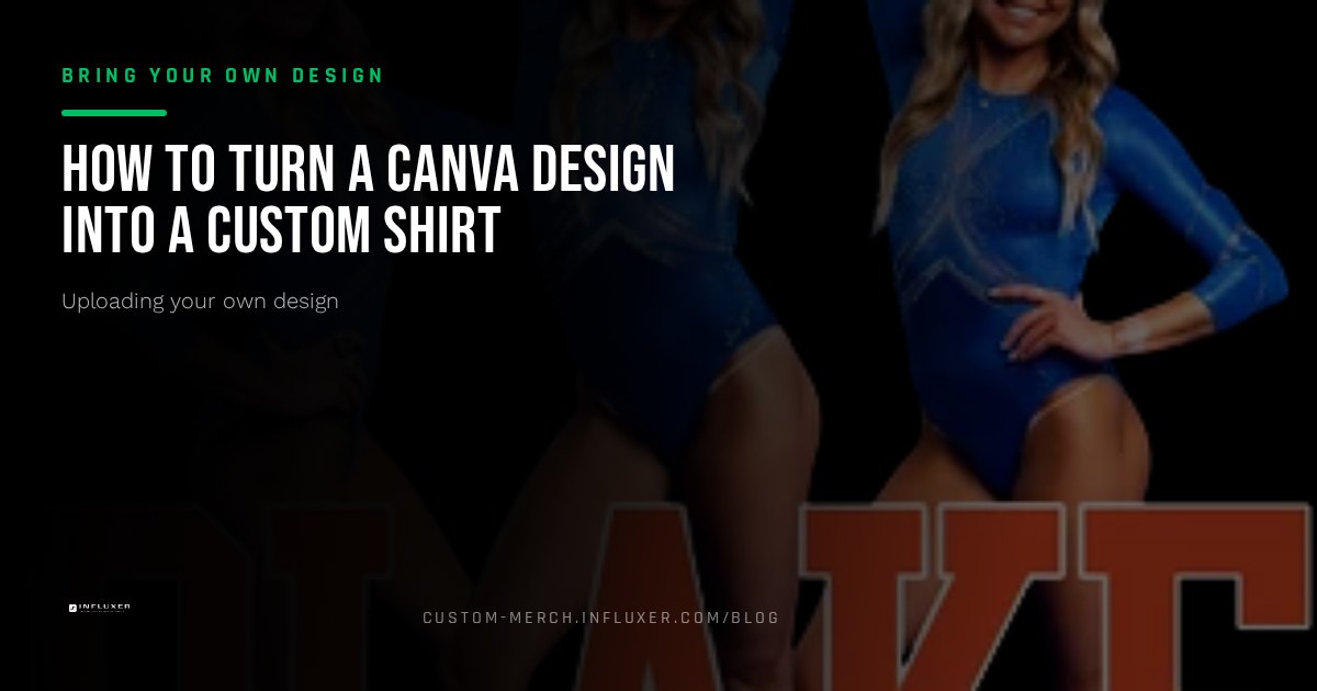 A Canva design canvas set to print dimensions next to the same artwork previewed on a shirt mockup