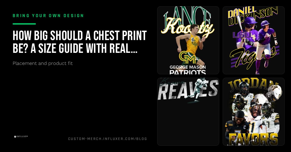 A shirt mockup showing a full-front print alongside a smaller left-chest mark to compare scale