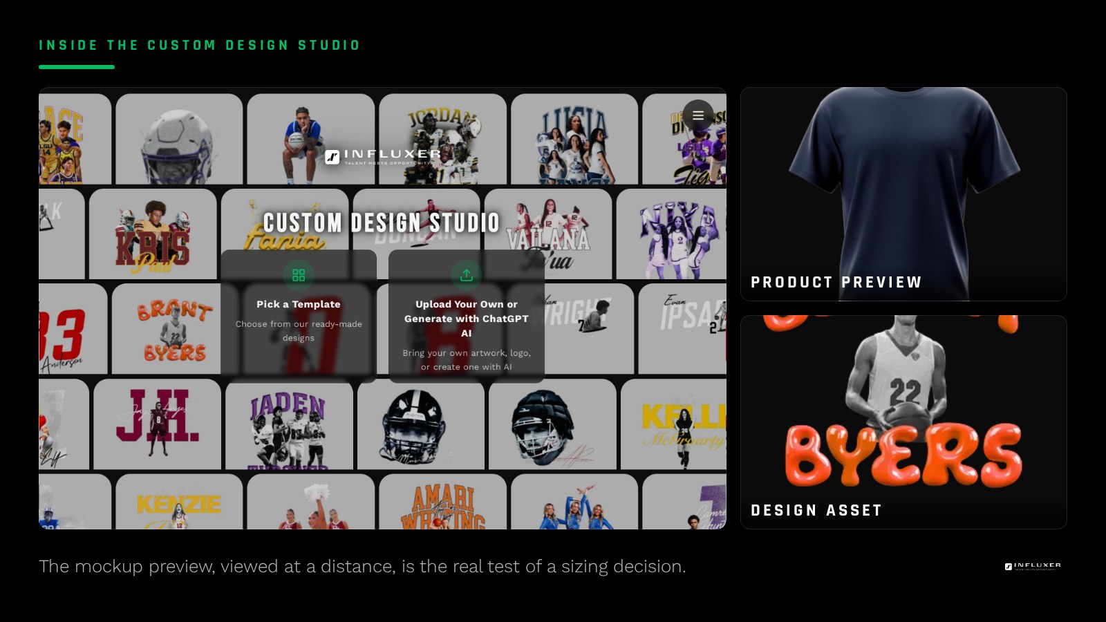 A design mockup preview viewed from a distance to judge whether the chest print size reads clearly