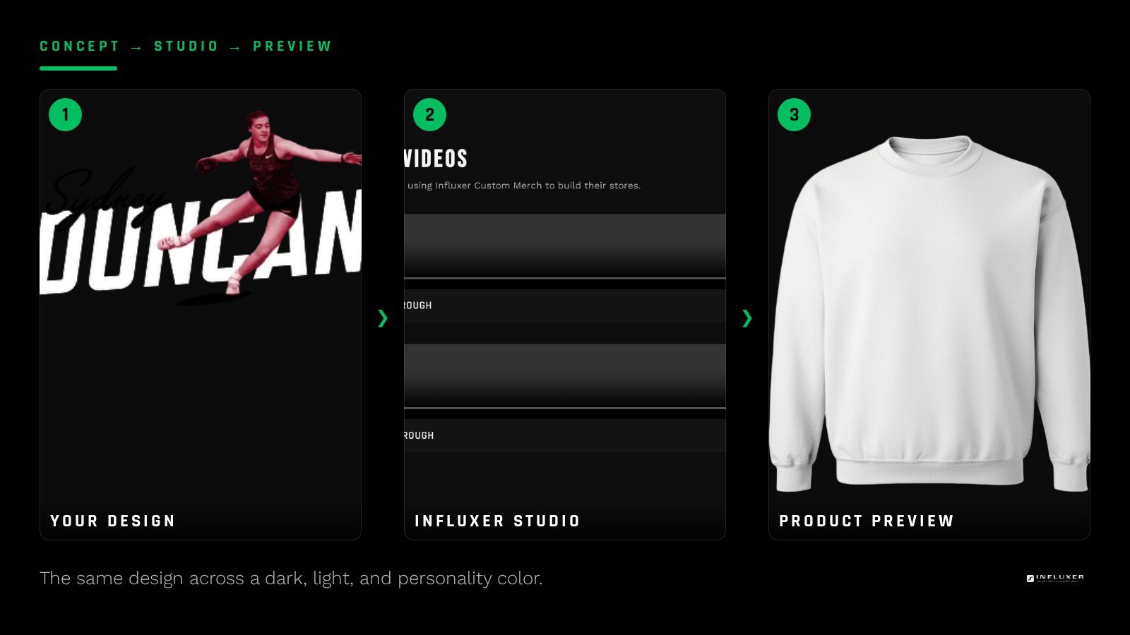 Same athlete logo previewed on a dark, a light, and a bold colored shirt to compare contrast