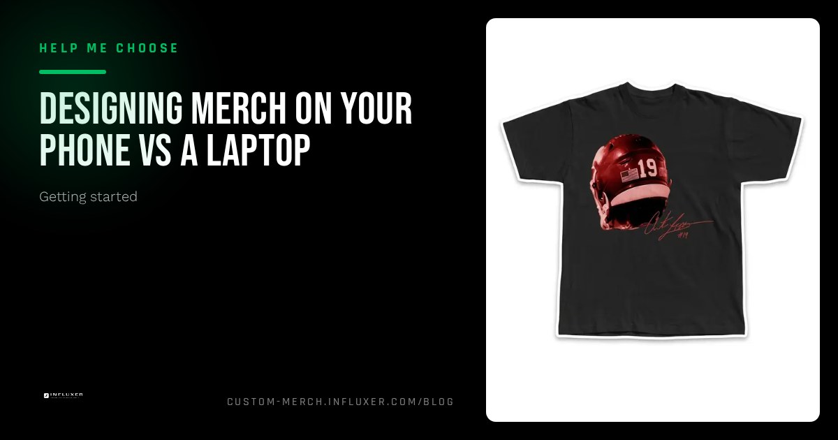A phone and a laptop side by side both showing the same merch design step of the studio flow