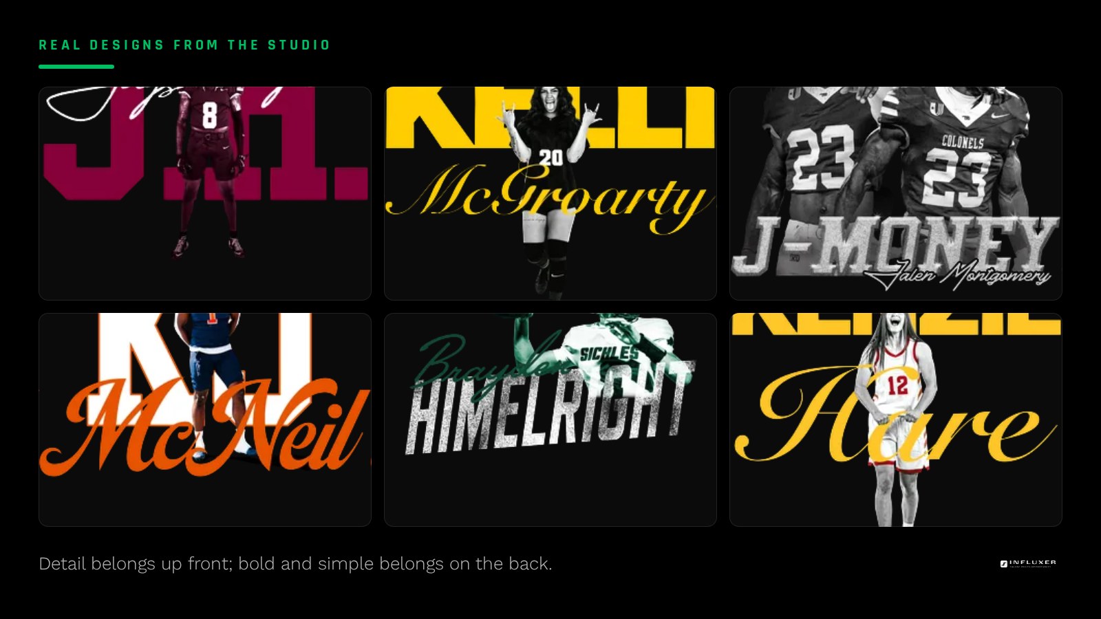 Comparison of detailed small type on a shirt front versus a bold simplified mark on the shirt back