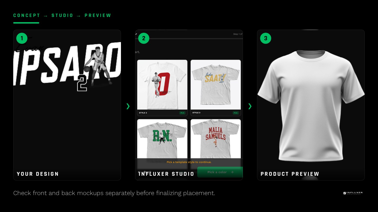 Side by side mockup preview showing the front print view and back print view of the same shirt design