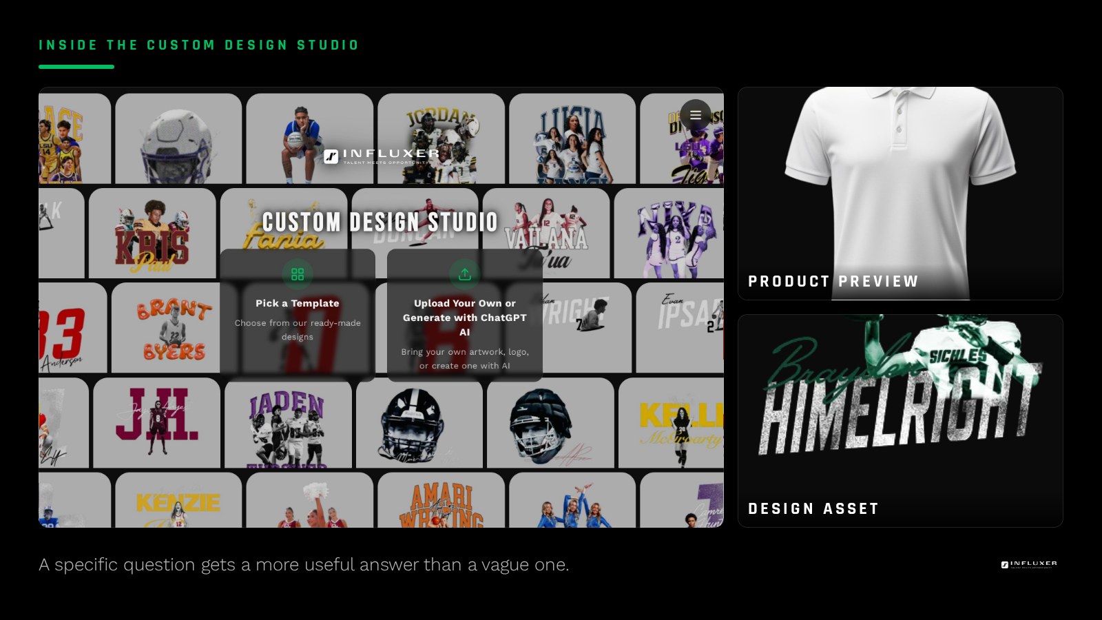 Two teammates comparing two garment color options on a mockup screen to give input on a decision