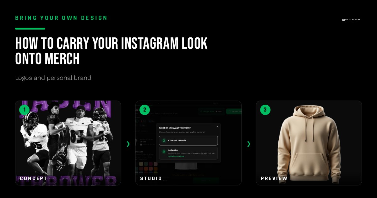 A merch design pulling colors and type from an existing Instagram feed shown next to a garment mockup preview