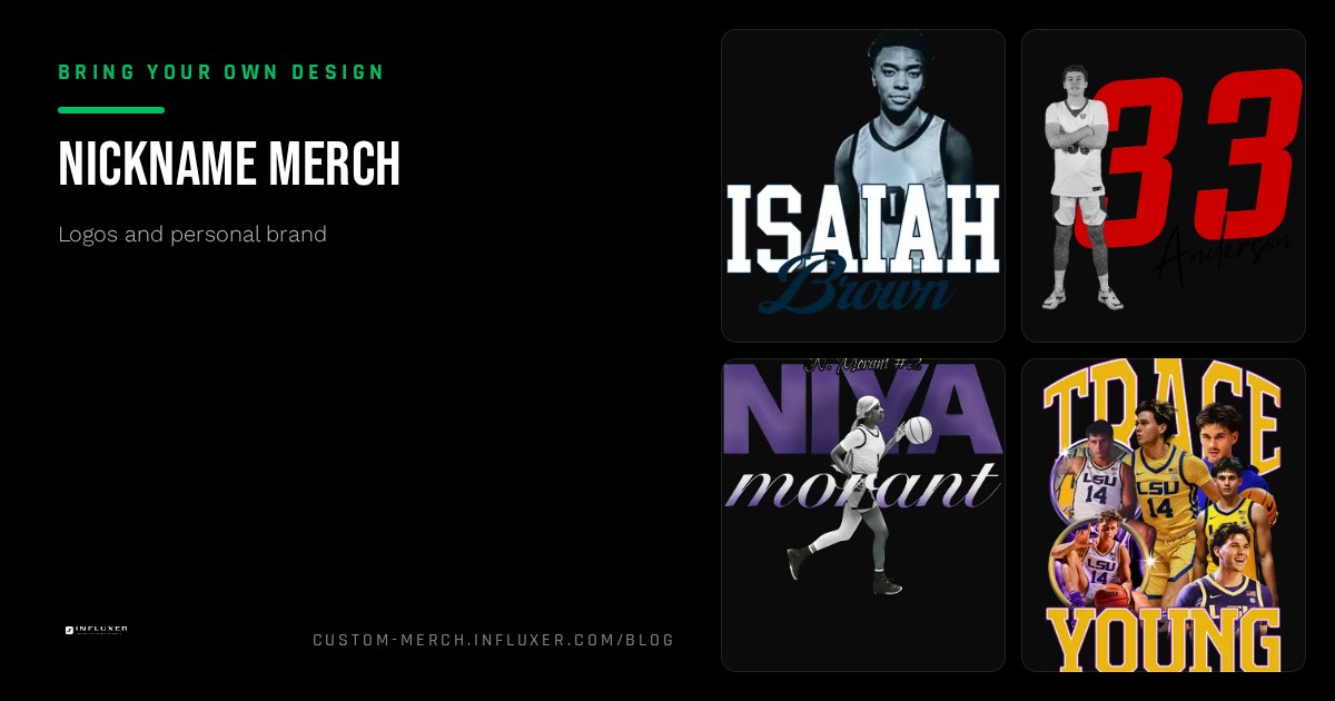 A bold nickname wordmark treated as a logo and previewed centered on a garment chest print area