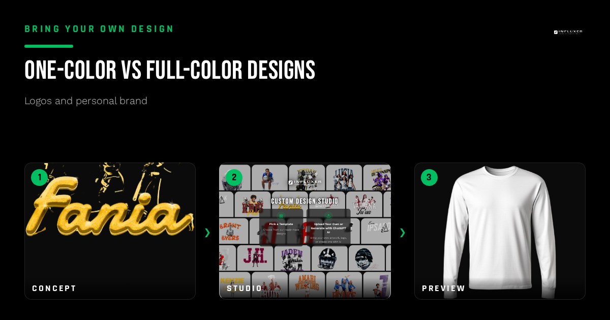 A single design shown twice on garment mockups, once in solid one-color ink and once in full color