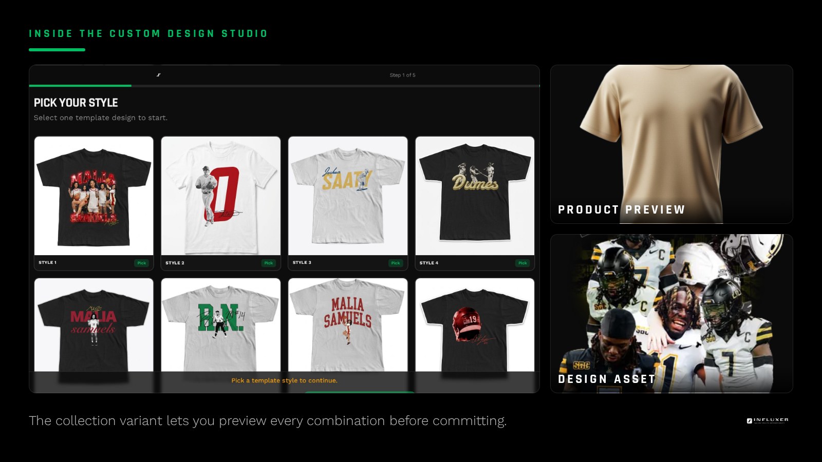 A preview grid showing one uploaded design tested across a tee, hoodie, and multiple colorways