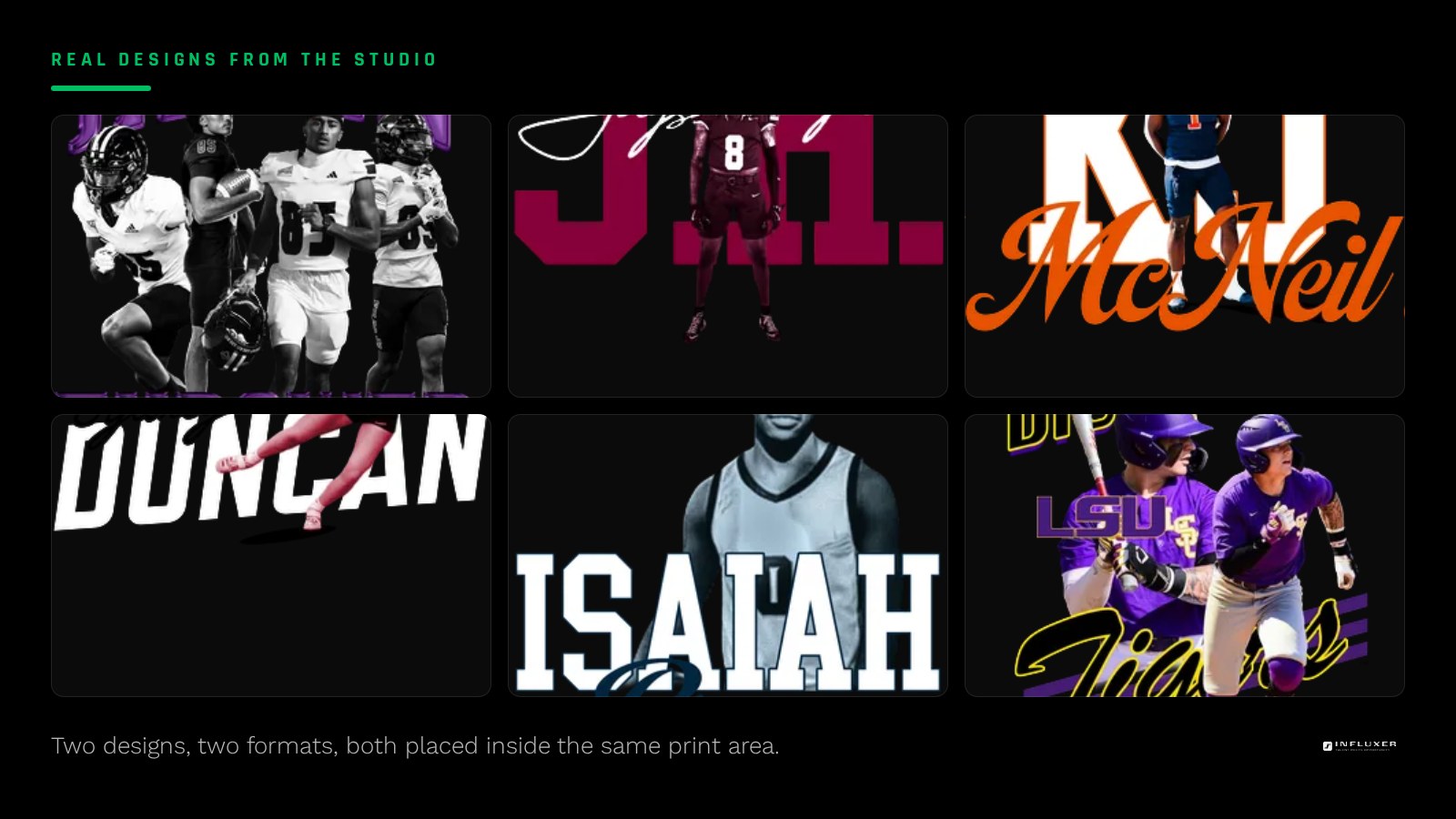 A wordmark logo and a photo-based graphic each placed inside a shirt print area in the design studio