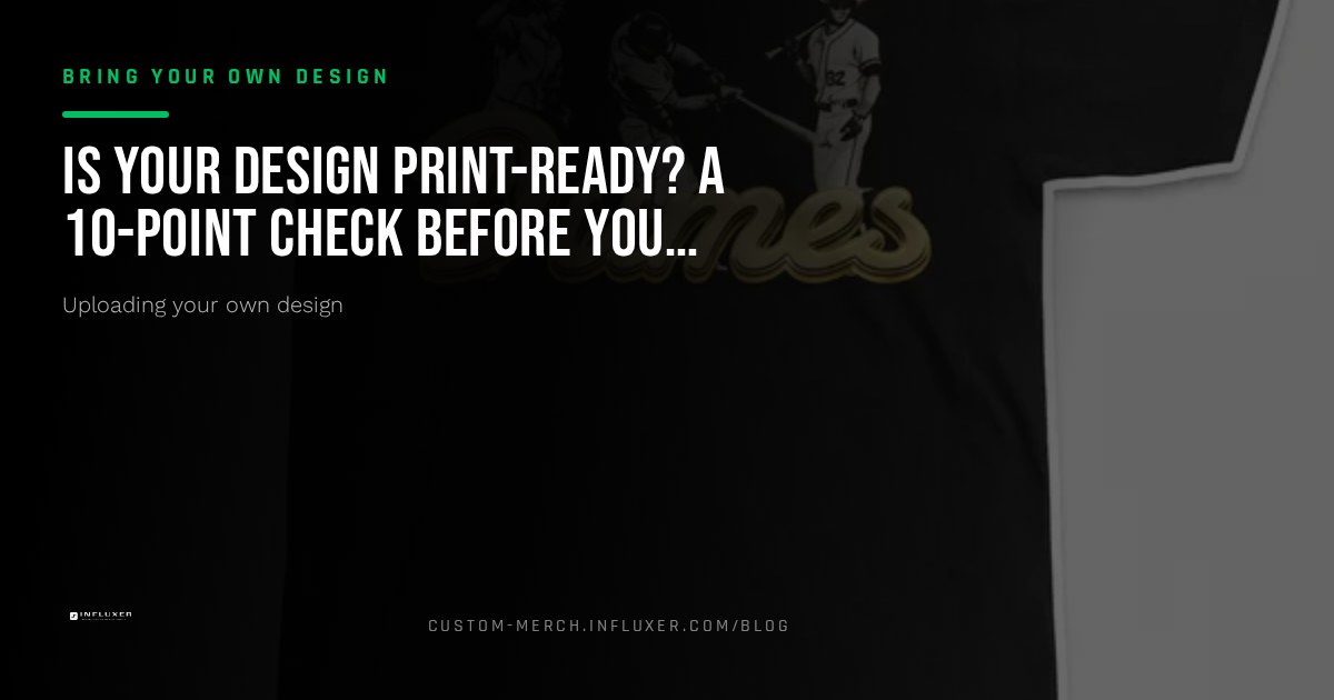 A print-ready artwork file shown beside the same design placed inside a shirt print area in the Influxer studio