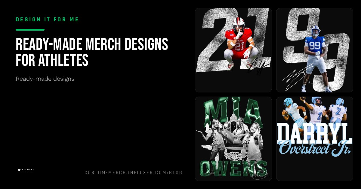 Grid of ready-made athlete merch template layouts shown on real garment mockups in the Influxer studio