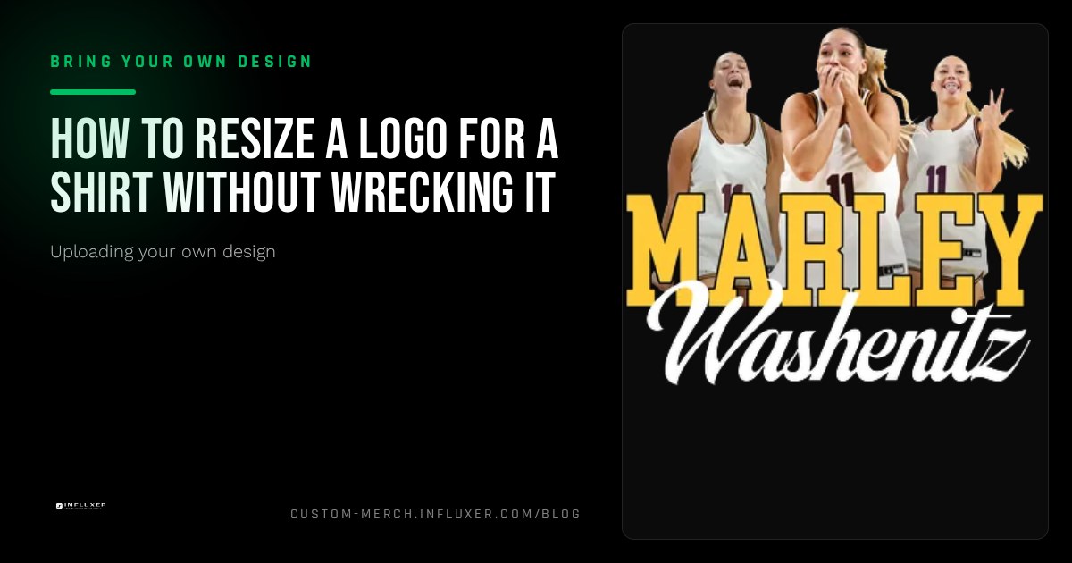 A logo shown at three sizes, left chest, sleeve, and full back print, all keeping sharp proportional detail