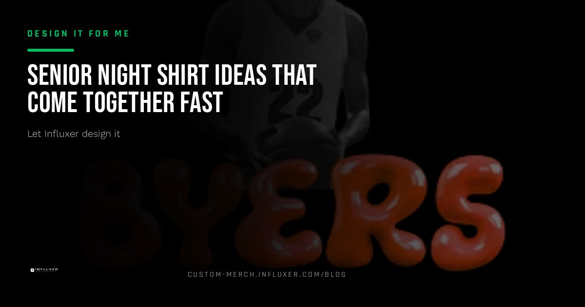 A senior night shirt design featuring an athlete name, jersey number, and graduation year on a tee