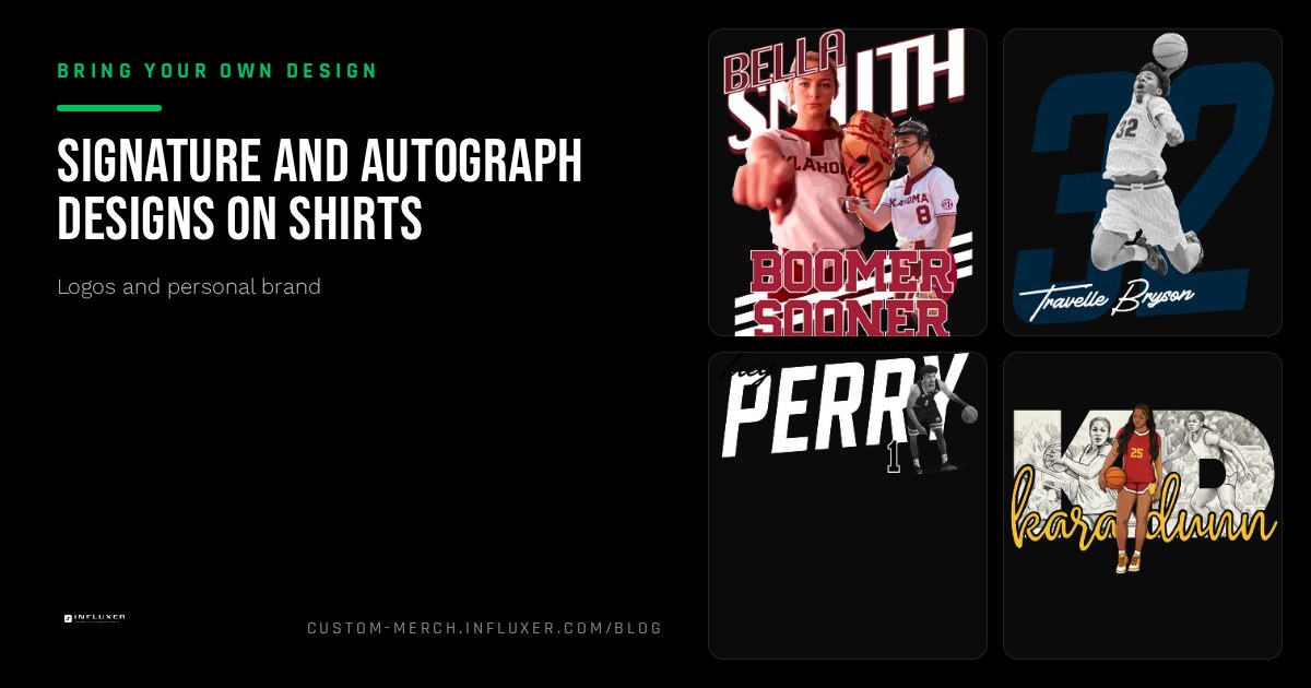 A cleaned-up black signature graphic previewed as a sleeve detail on a garment mockup