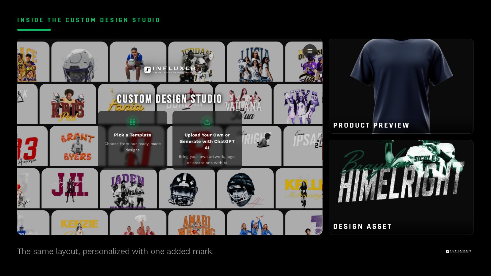 A ready-made shirt layout shown before and after a personal logo mark has been added to it