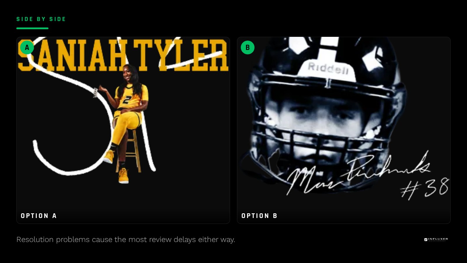 Comparison of a low-resolution logo causing a review delay next to a clean high-resolution version passing review
