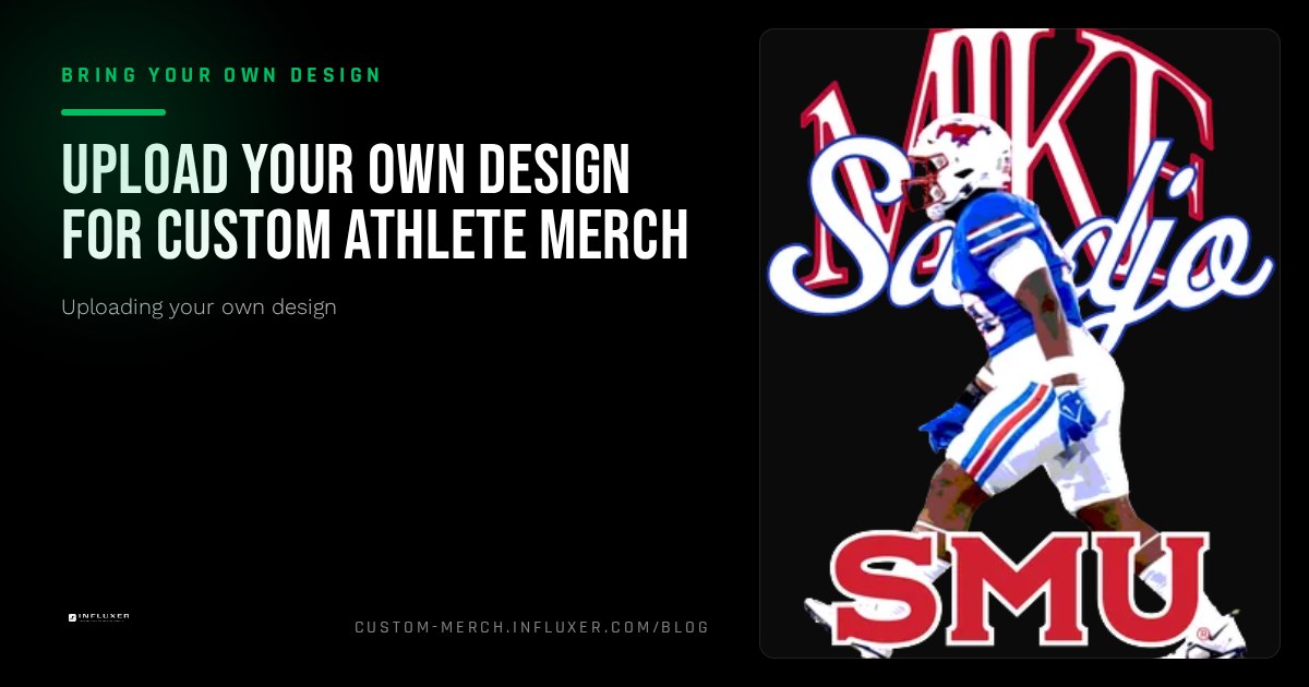 Influxer branded hero graphic showing real uploaded artwork previewed on a garment mockup in the Custom Design Studio