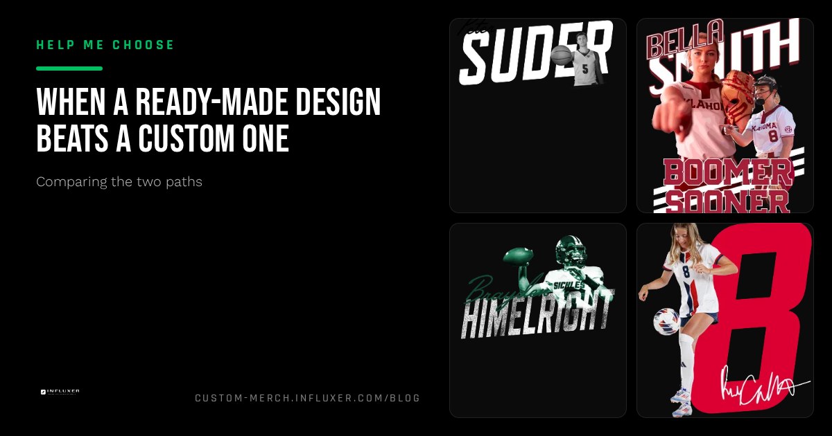 Team of garments in matching colorways using a proven ready-made design layout on tees and hoodies
