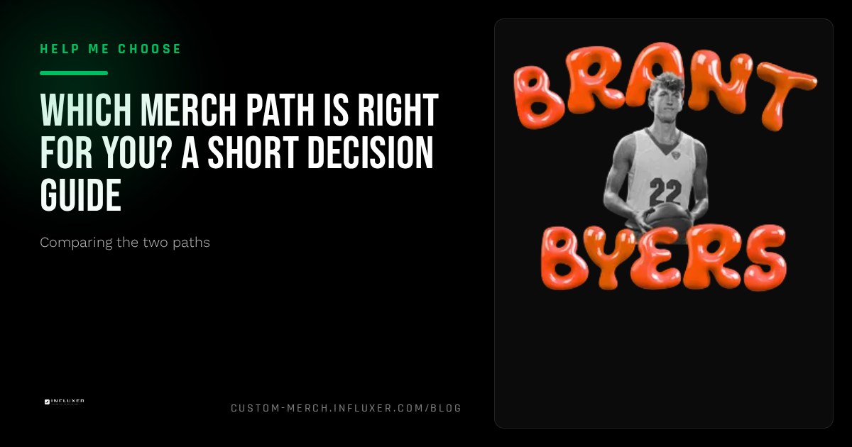 Decision flow graphic with two arrows pointing toward upload and template paths on a custom merch studio screen