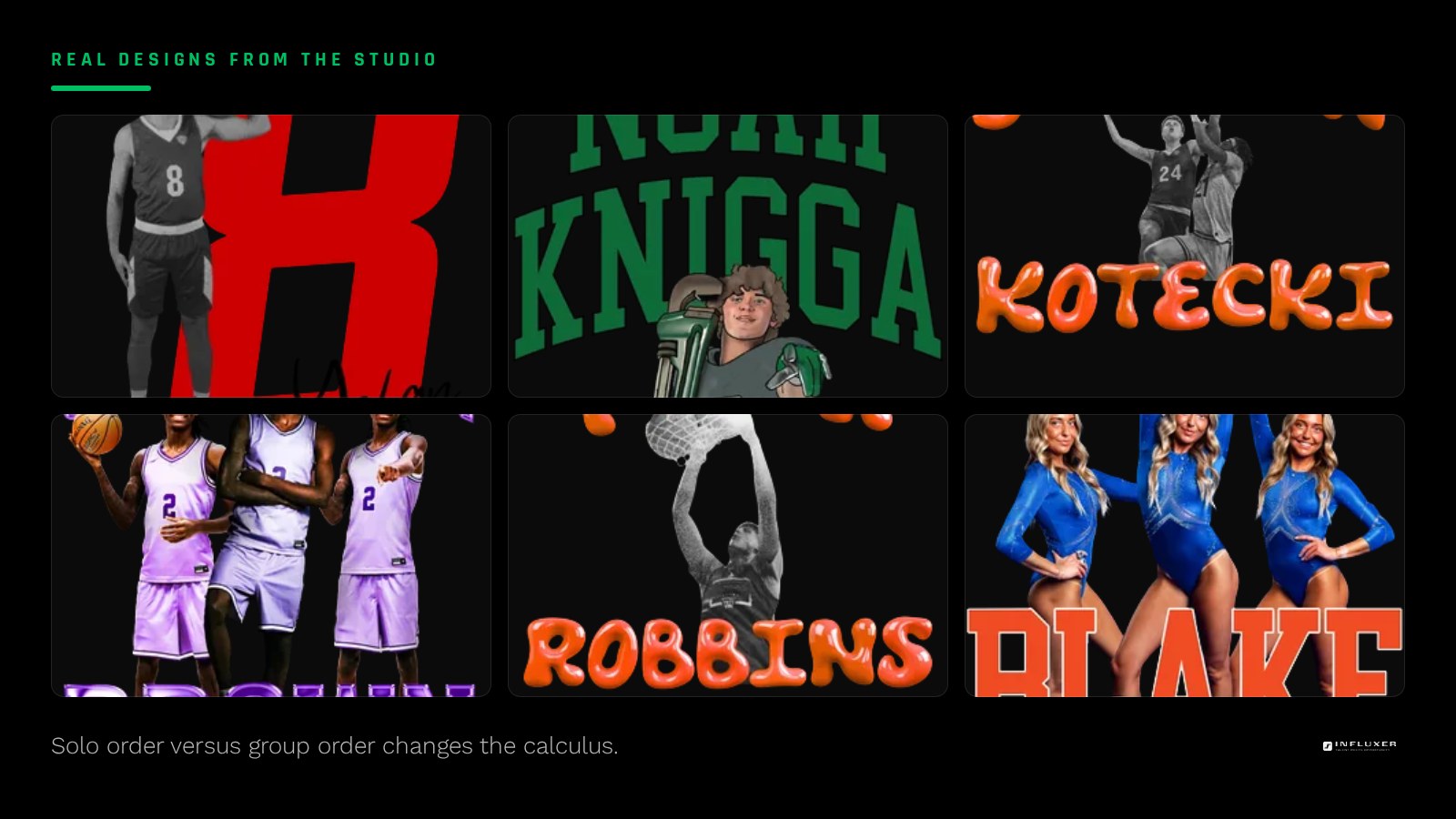 Comparison of a solo athlete order versus a group team order on the same merch design layout
